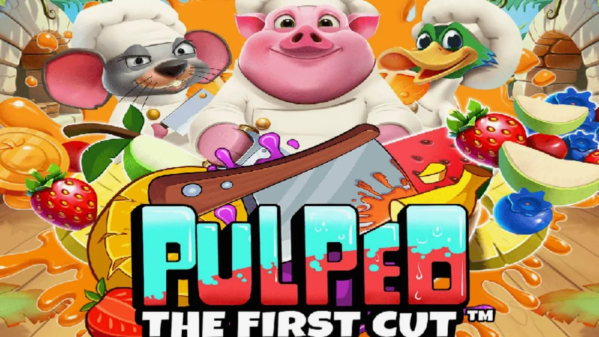 Tampilan visual slot Pulped: The First Cut dengan koki hewan di dapur tropis