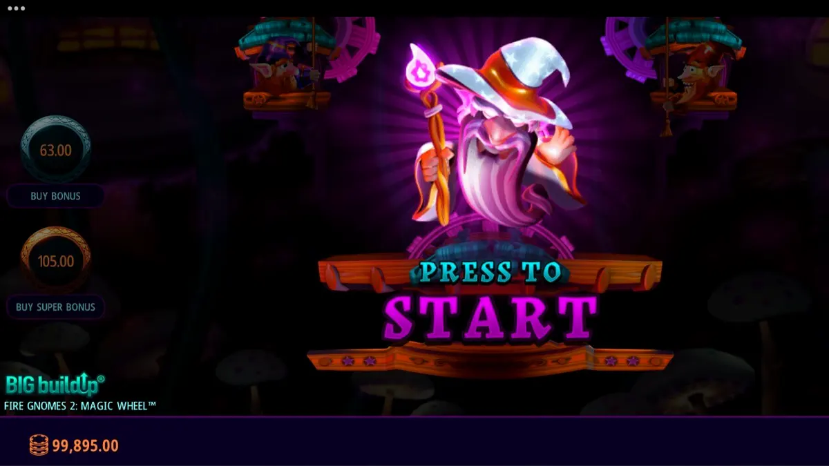 Tampilan visual slot Fire Gnomes 2 Magic Wheel dengan tema hutan jamur dan gnome.