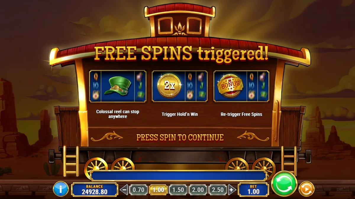 Tampilan visual permainan slot Track’n Gold dengan latar belakang kereta api uap di gurun